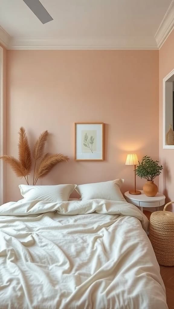 A cozy bedroom with soft peach walls, white bedding, and minimalist decor