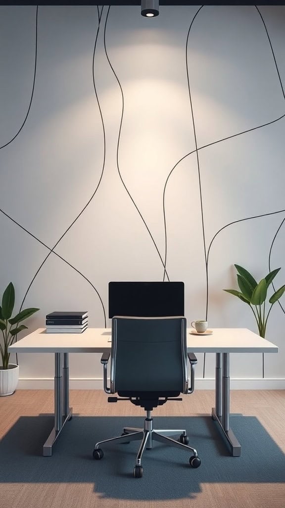A modern office space featuring minimalist line art wallpaper, a desk, and plants.