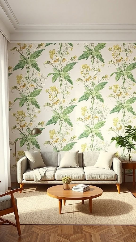 A living room with subtle botanical print wallpaper featuring green leaves and yellow flowers, complemented by a light gray sofa and wooden furniture.