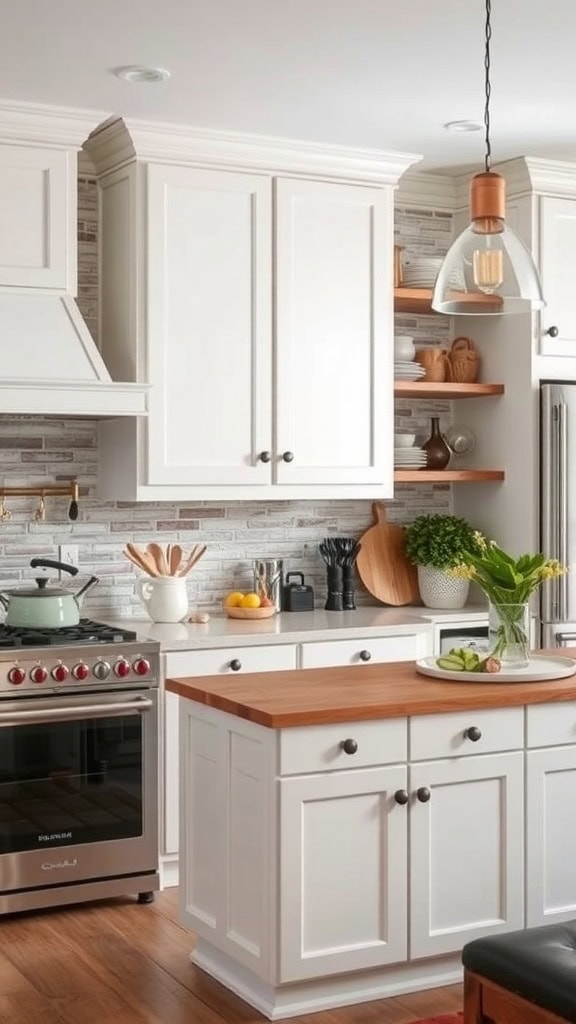 A modern kitchen featuring a faux brick wall, wooden shelves, and minimalist decor.