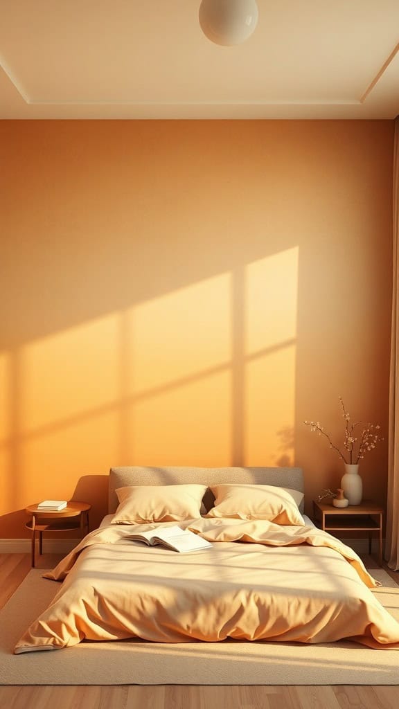 A cozy bedroom with warm ombre orange walls, minimalist furniture, and soft bedding.