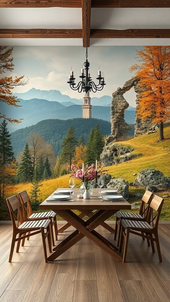 A rustic landscape mural featuring mountains, trees, and autumn colors in a dining area.