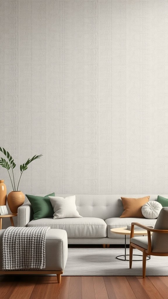 A cozy living room with textured linen wallpaper, featuring a light color scheme and earthy accents.
