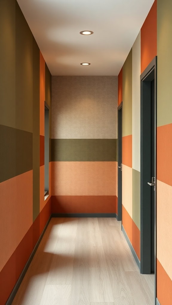 A hallway with earthy color block designs featuring warm and cool tones.