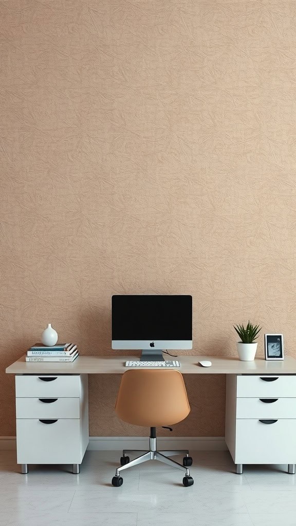 A modern workspace featuring muted geometric patterned wallpaper in earthy tones.